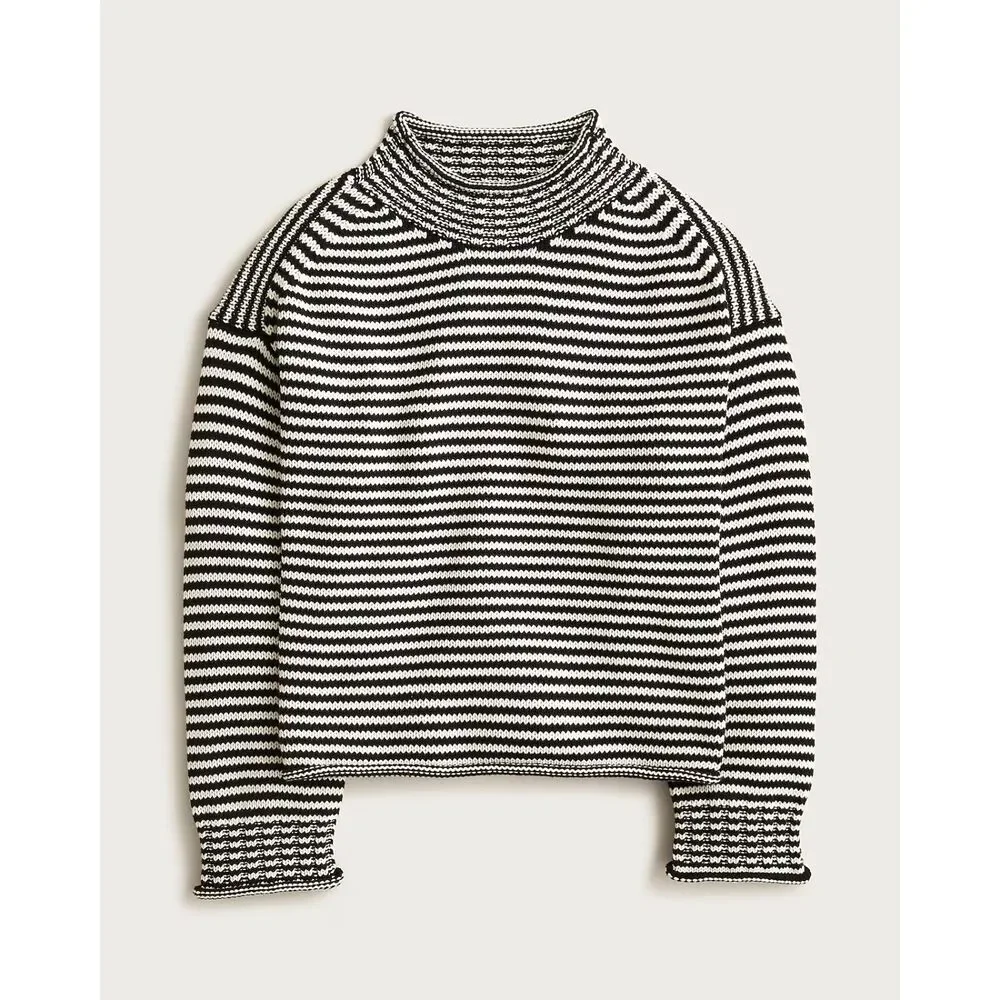 J.Crew Rollneck Stripe Cotton Sweater Oversized Fit Black Ivory Medium Preppy - Picture 2 of 11